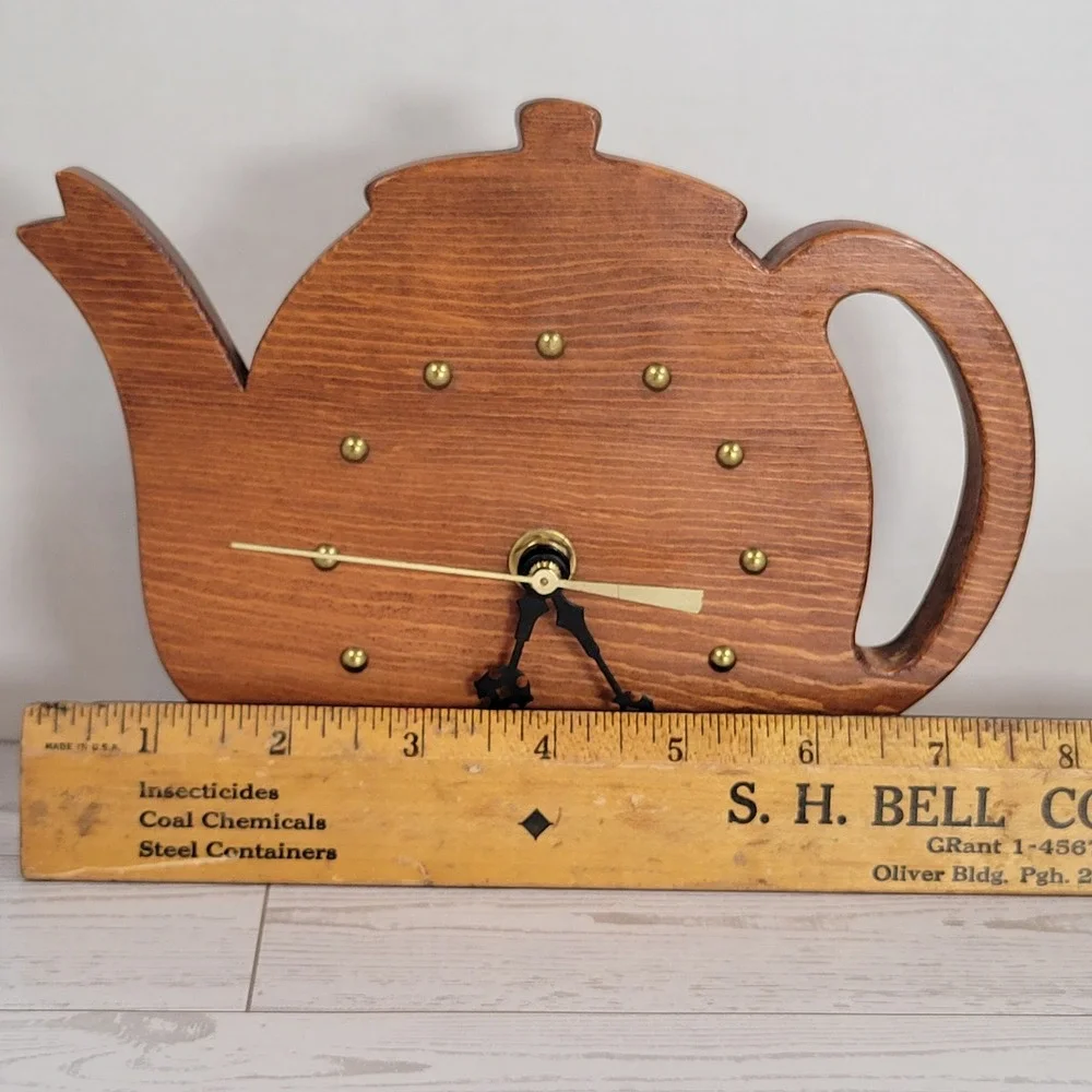 Teapot Wall Clock Wood Handcrafted NEW Decor-Time Vintage Brown Kitchen Battery